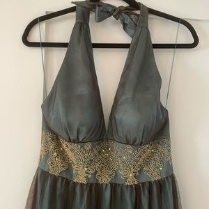 Cute halter type brownish green with gold trim.
